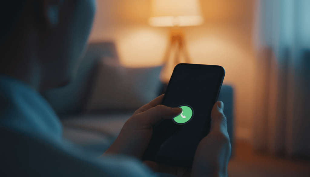 Thumb about to tap a call button on a phone screen at night