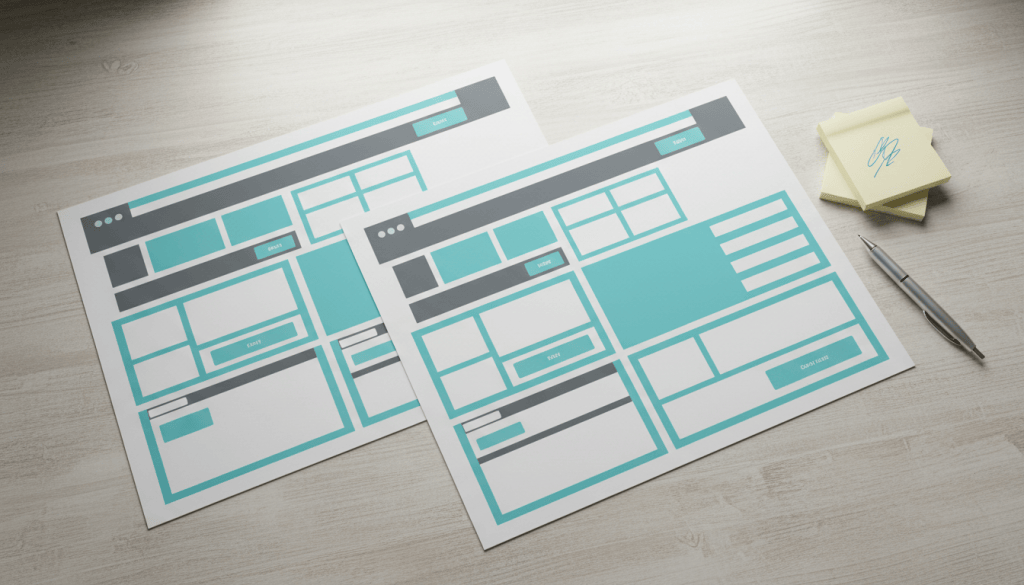 Two printed web page layouts laid side by side on a table for comparison