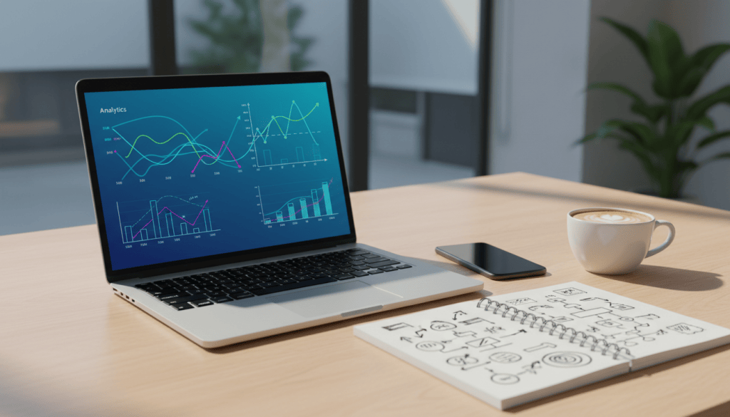 Laptop showing analytics charts on an office desk next to a phone and notebook